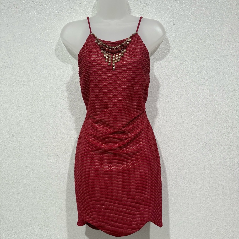 NWT salt tree red & gold spaghetti strap cami mini dress with necklace
